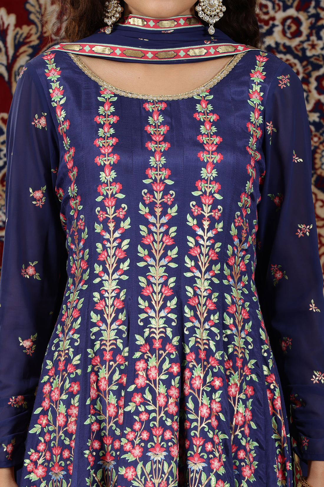 Blue Floral Printed Flared Kalidar Dress and Dupatta Set