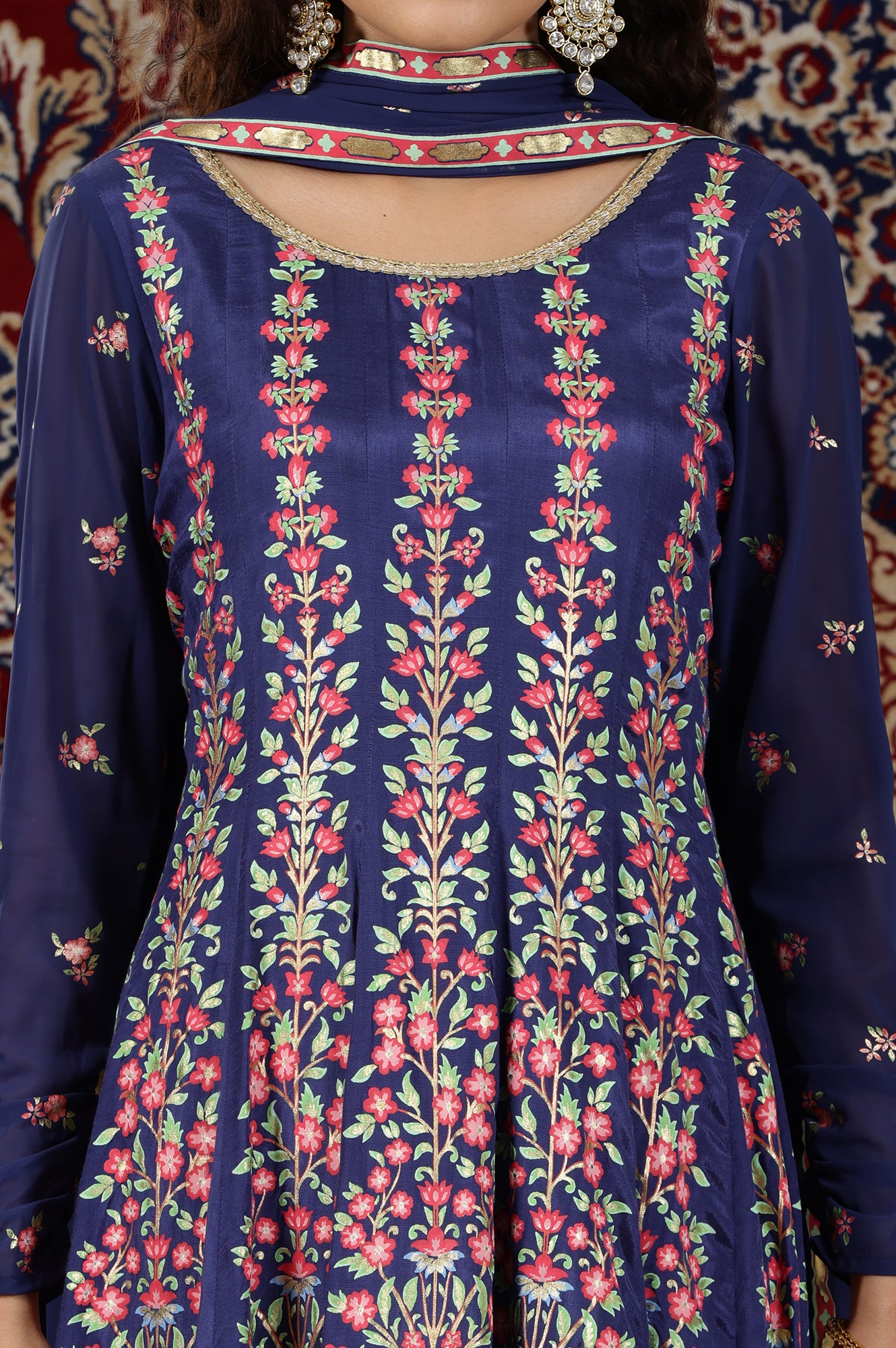 Blue Floral Printed Flared Kalidar Dress and Dupatta Set