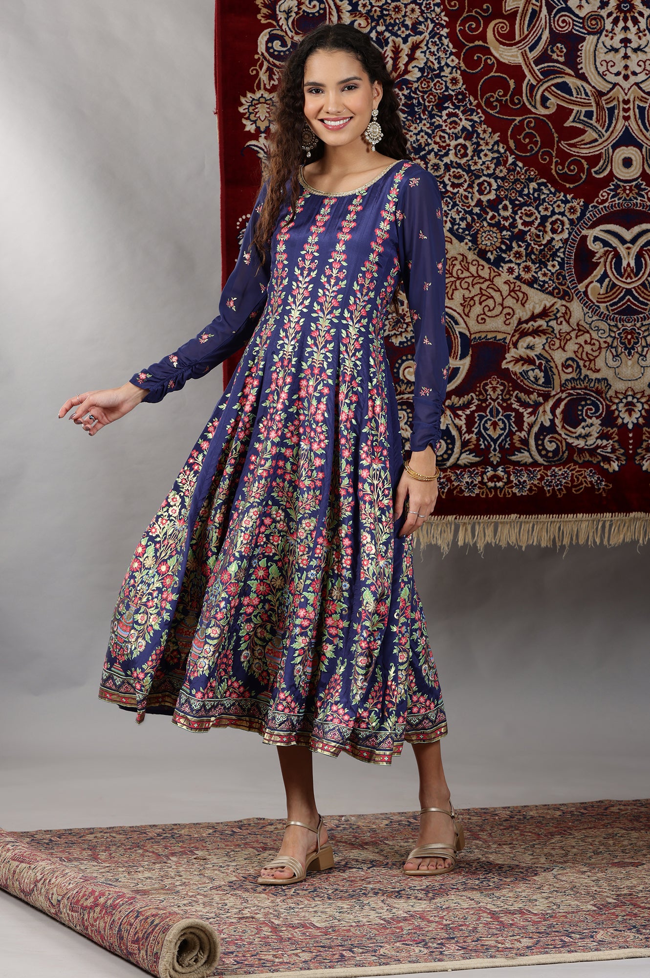 Blue Floral Printed Flared Kalidar Dress and Dupatta Set