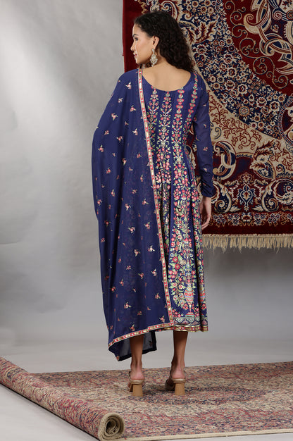 Blue Floral Printed Flared Kalidar Dress and Dupatta Set