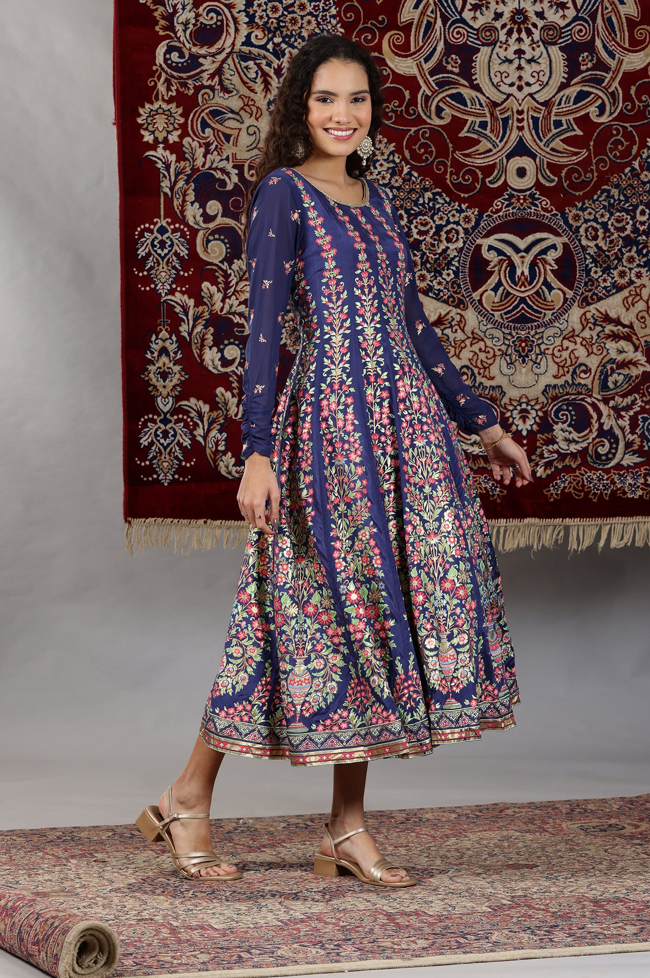 Blue Floral Printed Flared Kalidar Dress and Dupatta Set