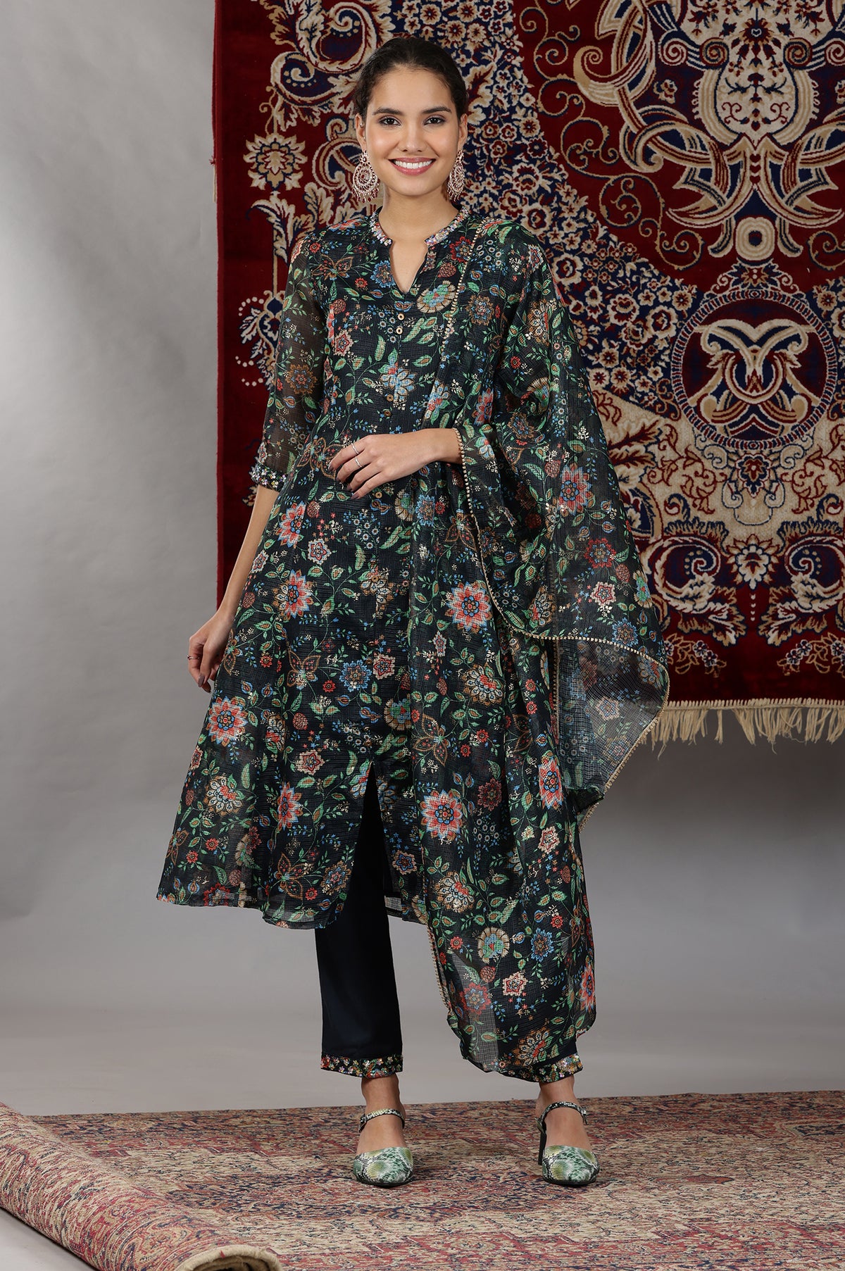 Black Floral Printed Kota Panelled Kurta, Pants and Dupatta Set - S