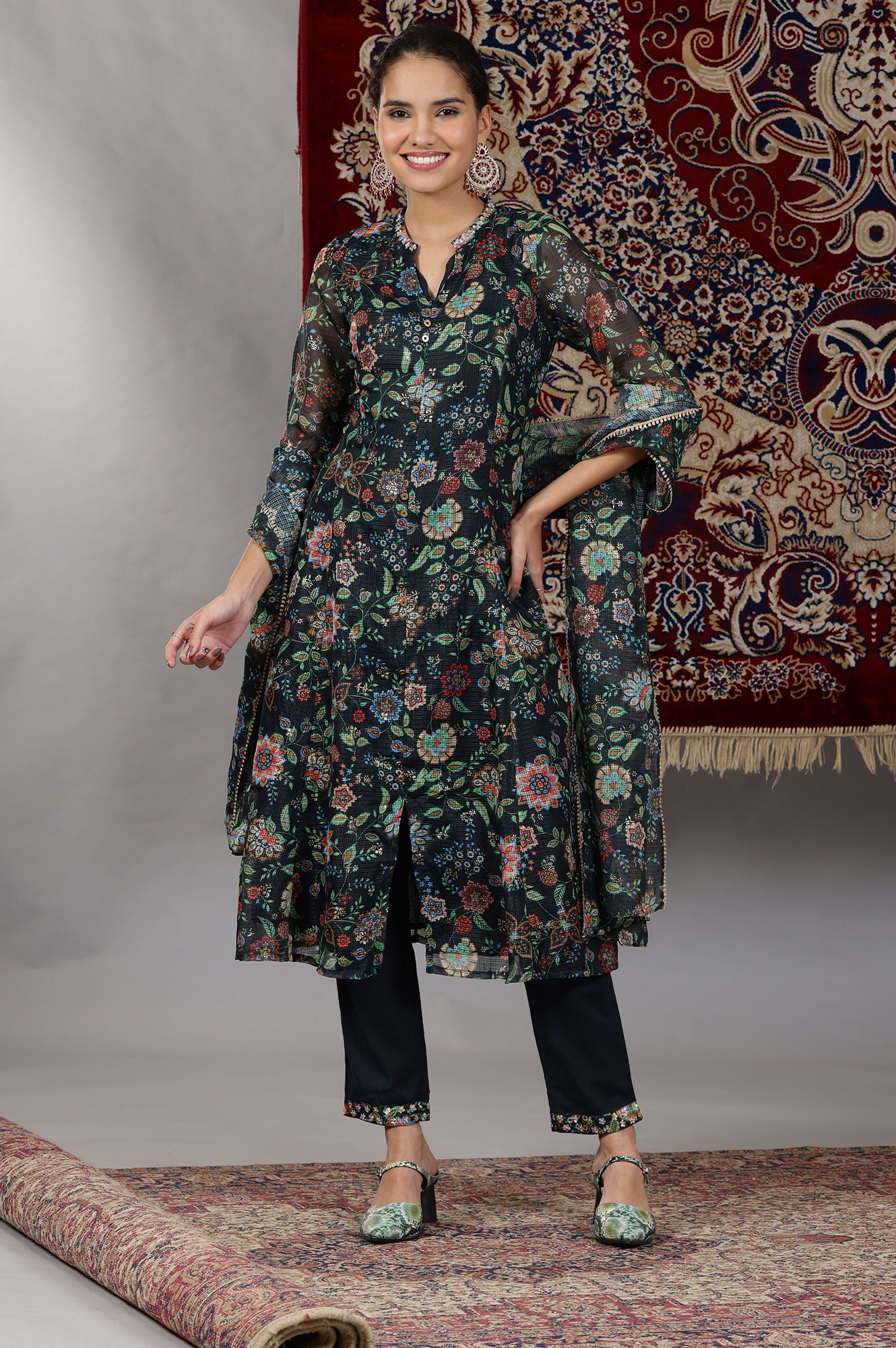 Black Floral Printed Kota Panelled Kurta, Pants and Dupatta Set