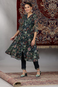 Black Floral Printed Kota Panelled Kurta, Pants and Dupatta Set