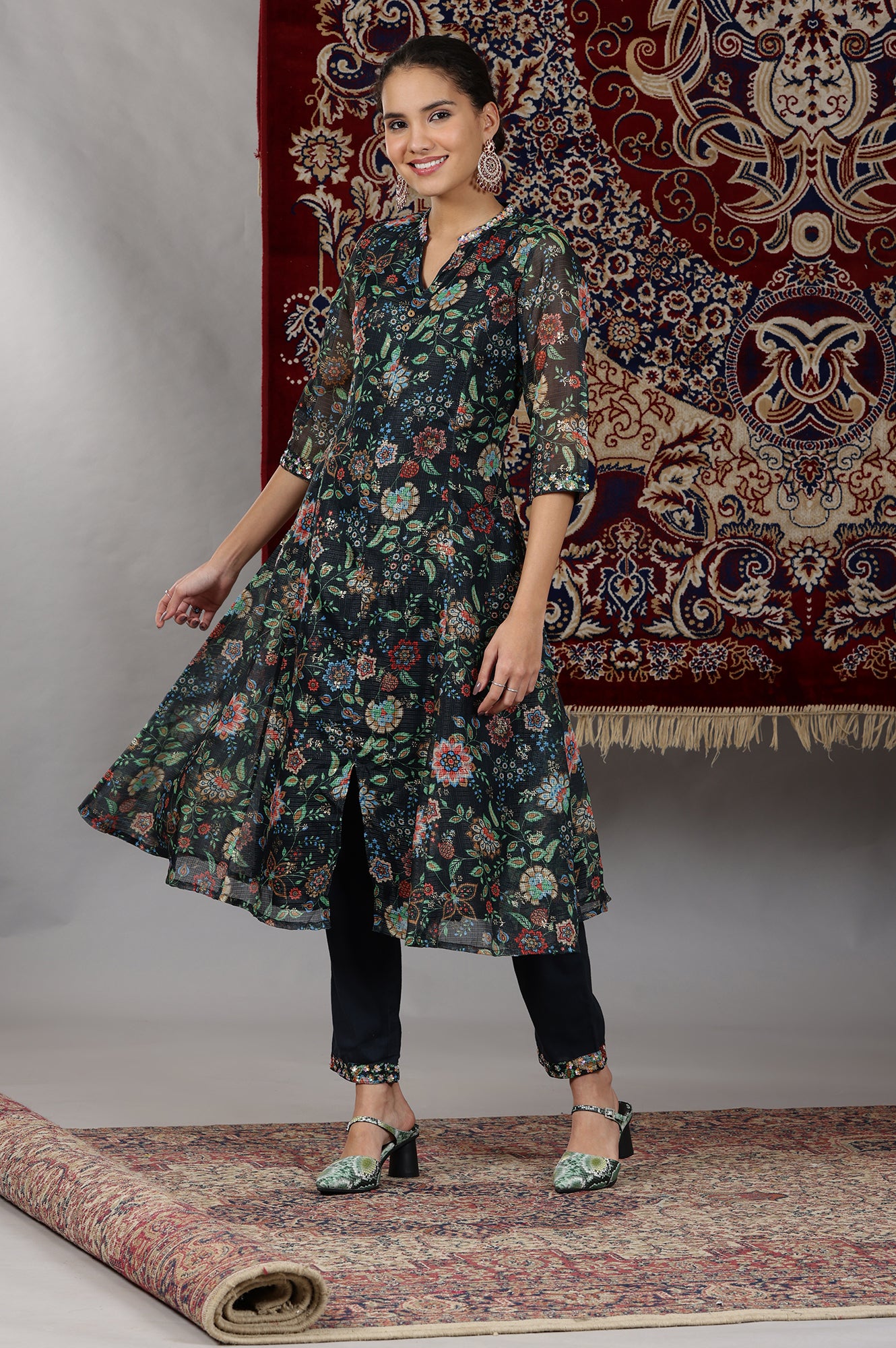 Black Floral Printed Kota Panelled Kurta, Pants and Dupatta Set