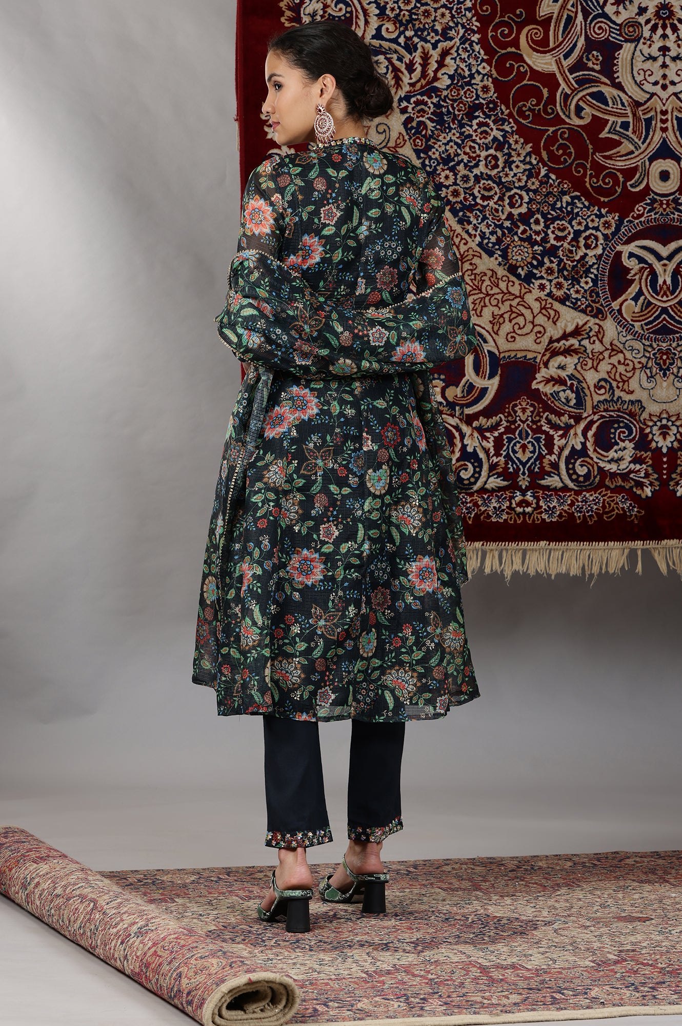 Black Floral Printed Kota Panelled Kurta, Pants and Dupatta Set