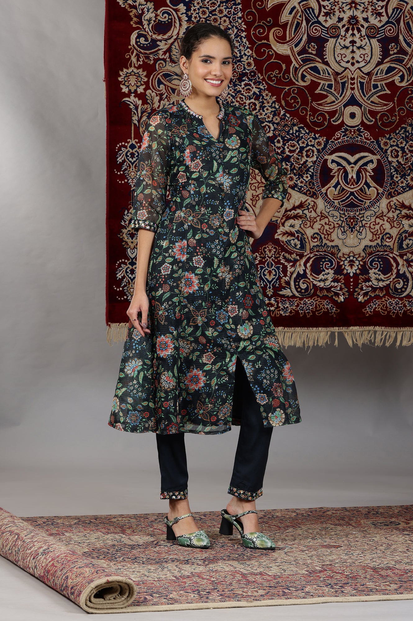 Black Floral Printed Kota Panelled Kurta, Pants and Dupatta Set