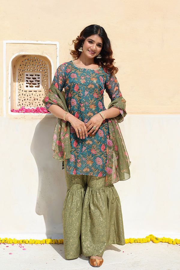 Teal Green Floral Printed Straight Kurta, Sharara and Dupatta Set