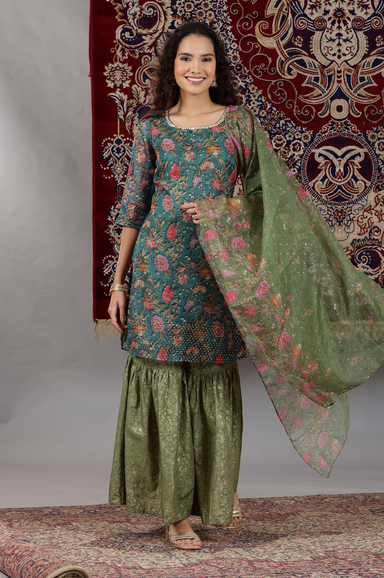 Teal Green Floral Printed Straight Kurta, Sharara and Dupatta Set