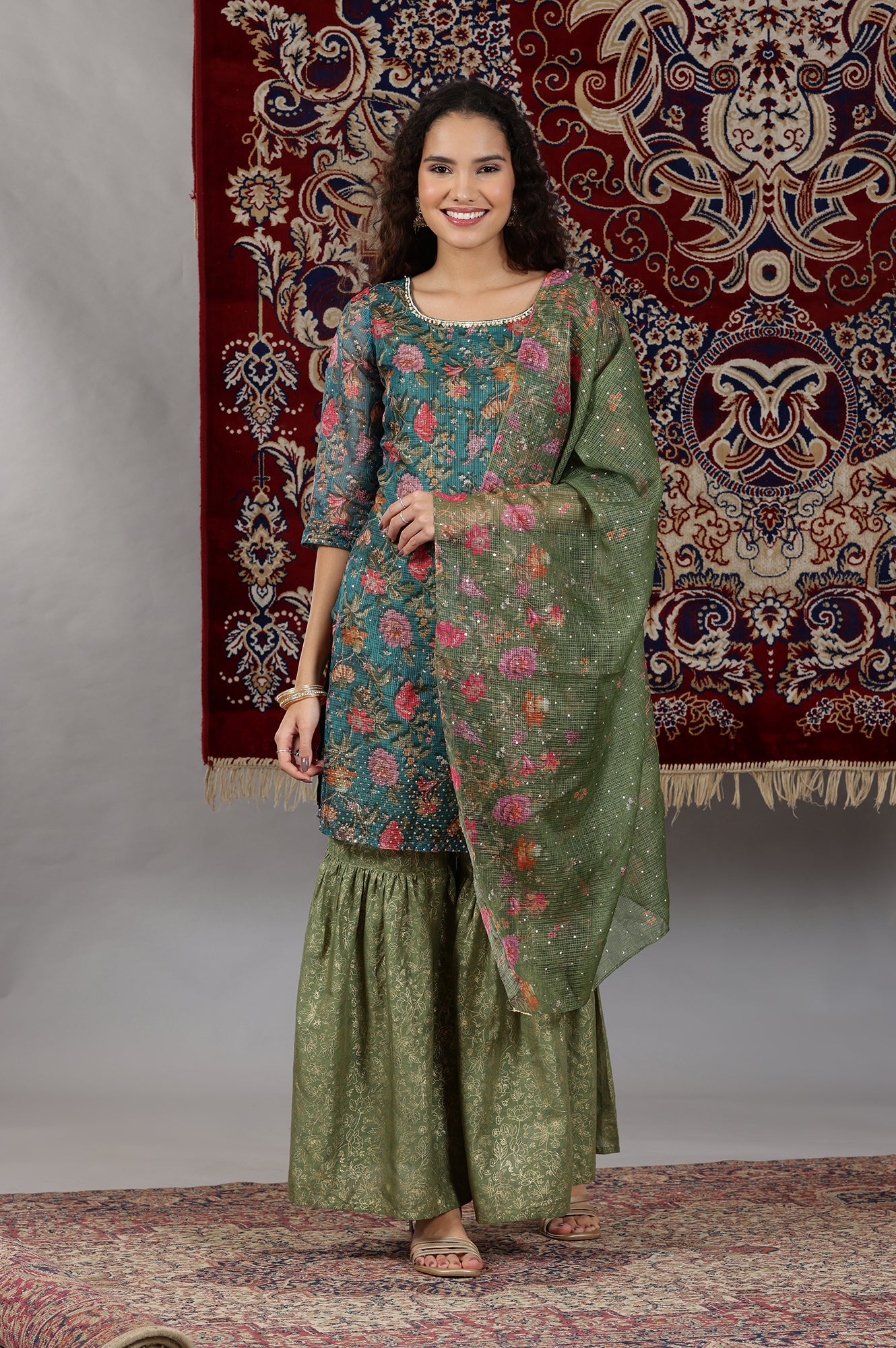 Teal Green Floral Printed Straight Kurta, Sharara and Dupatta Set