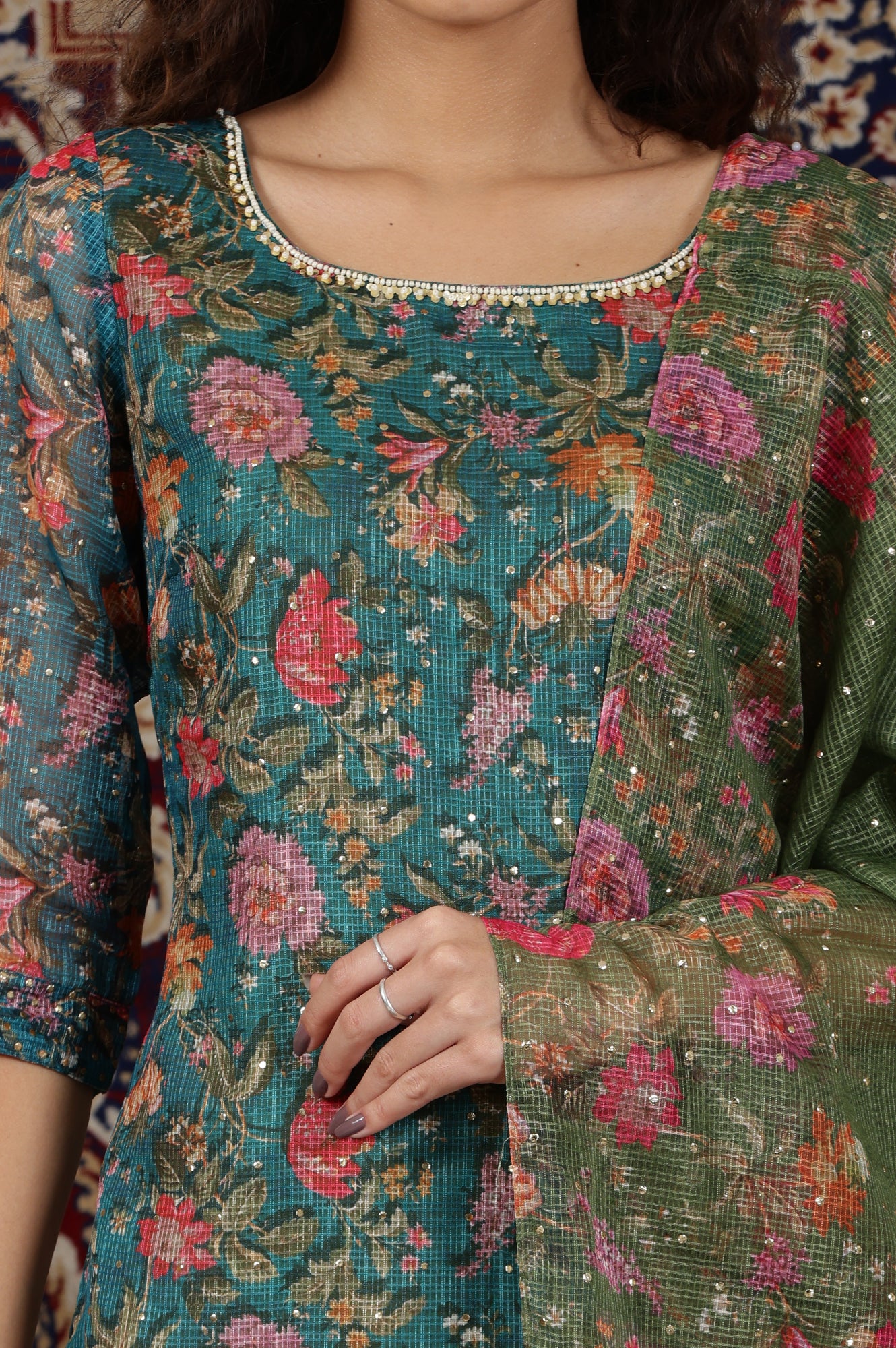 Teal Green Floral Printed Straight Kurta, Sharara and Dupatta Set