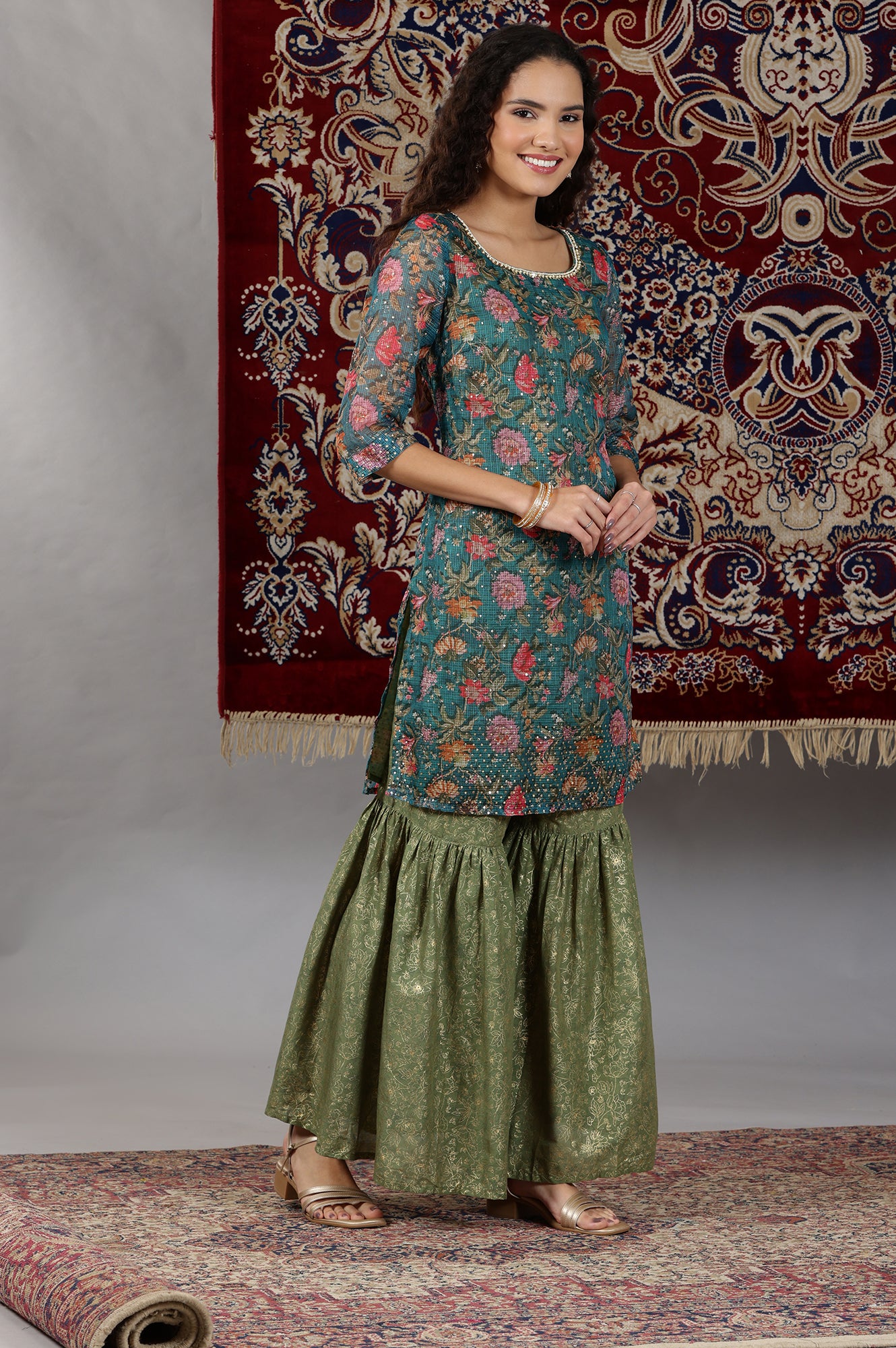 Teal Green Floral Printed Straight Kurta, Sharara and Dupatta Set