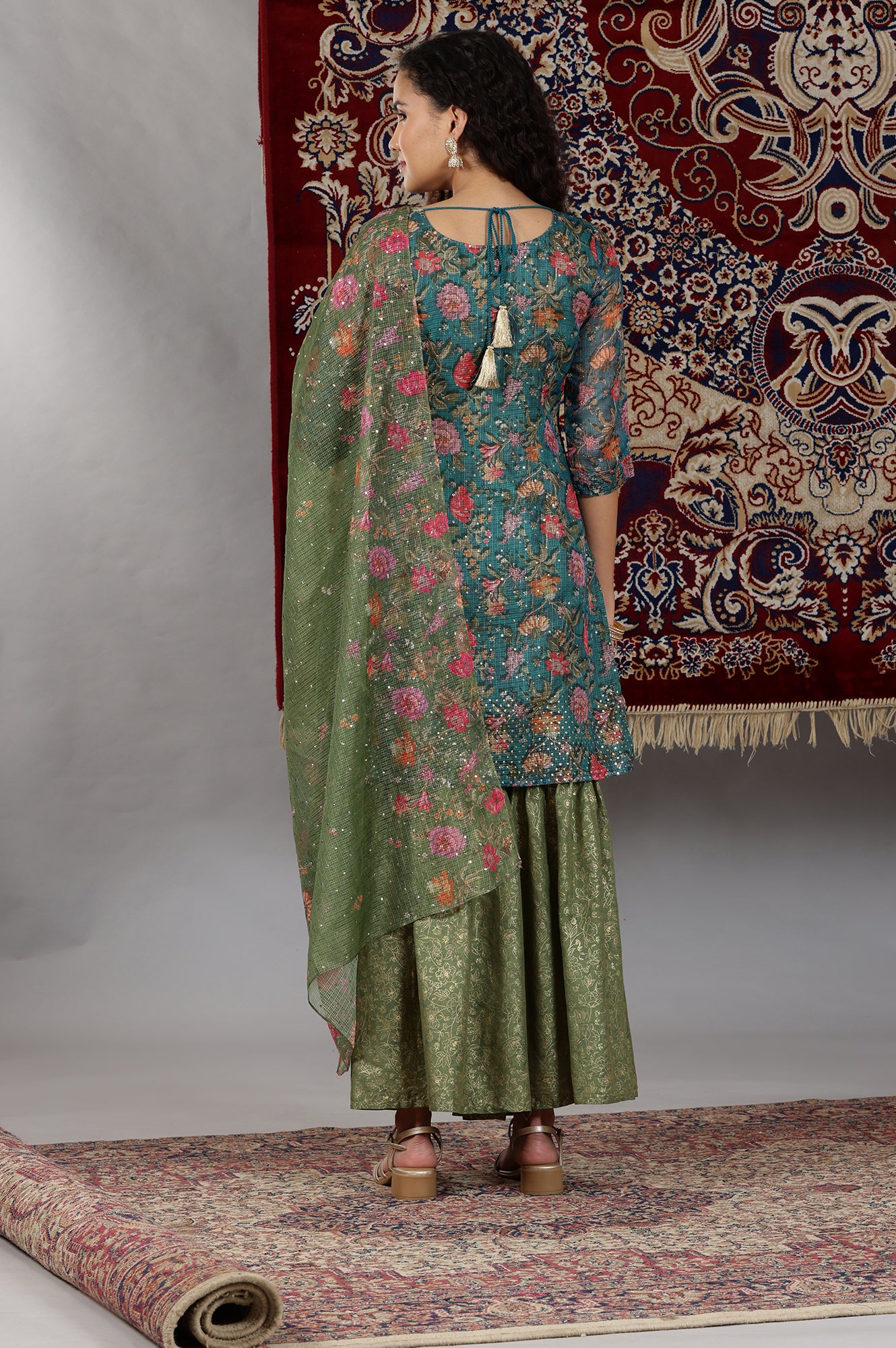 Teal Green Floral Printed Straight Kurta, Sharara and Dupatta Set