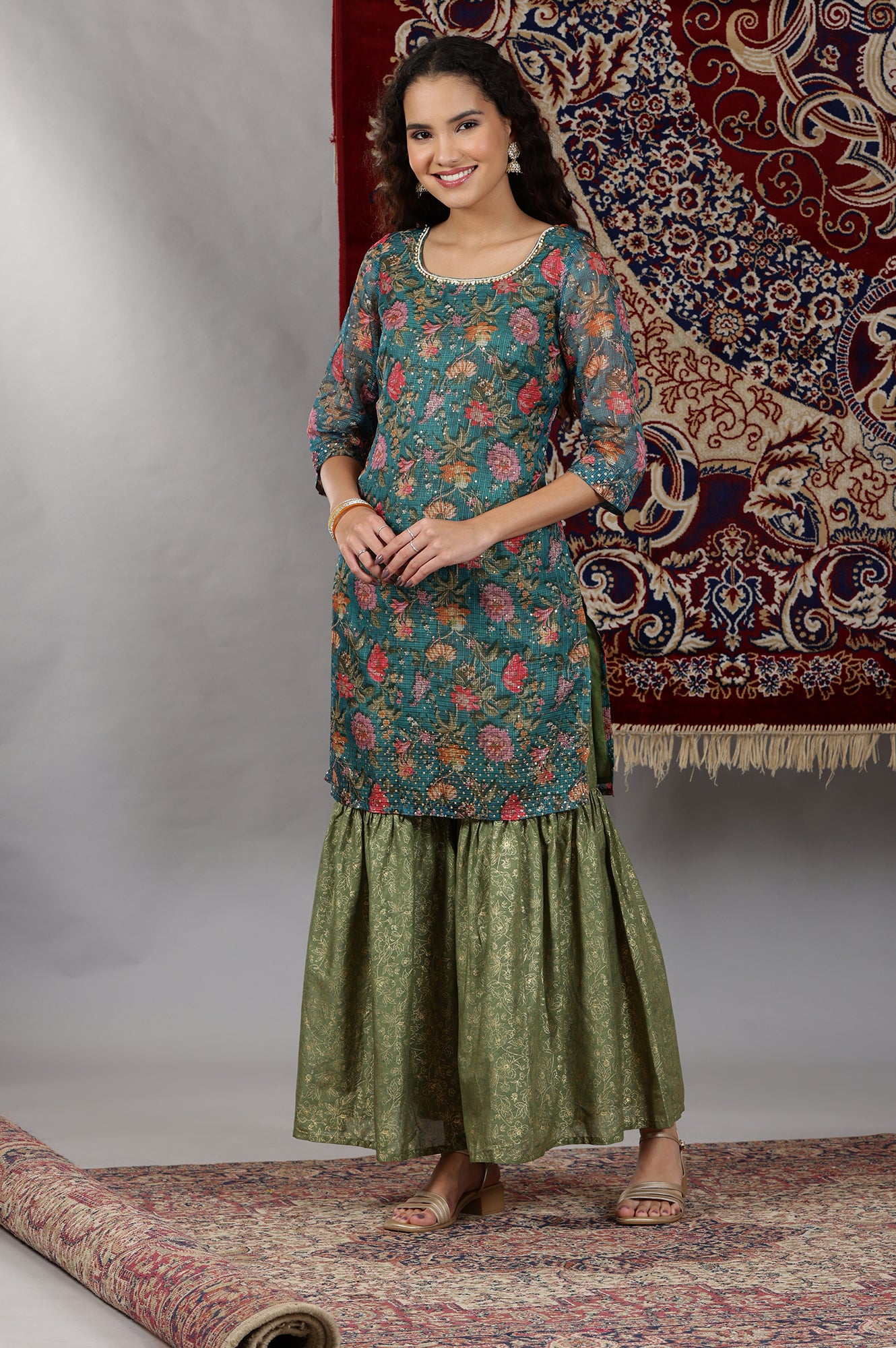 Teal Green Floral Printed Straight Kurta, Sharara and Dupatta Set