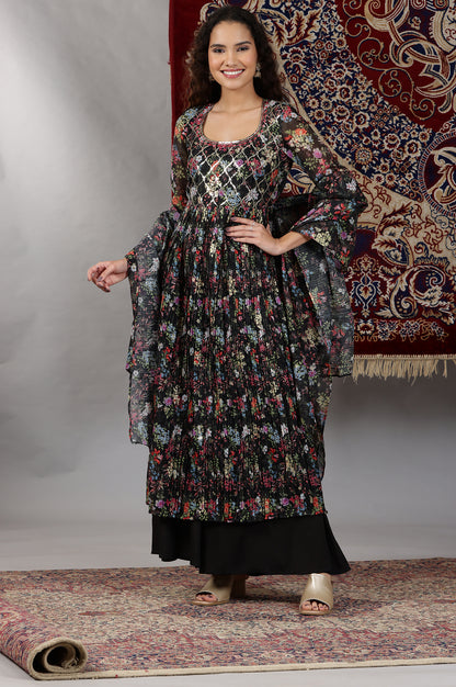 Black Floral Printed High-Slit Flared Kurta, Palazzos and Dupatta Set