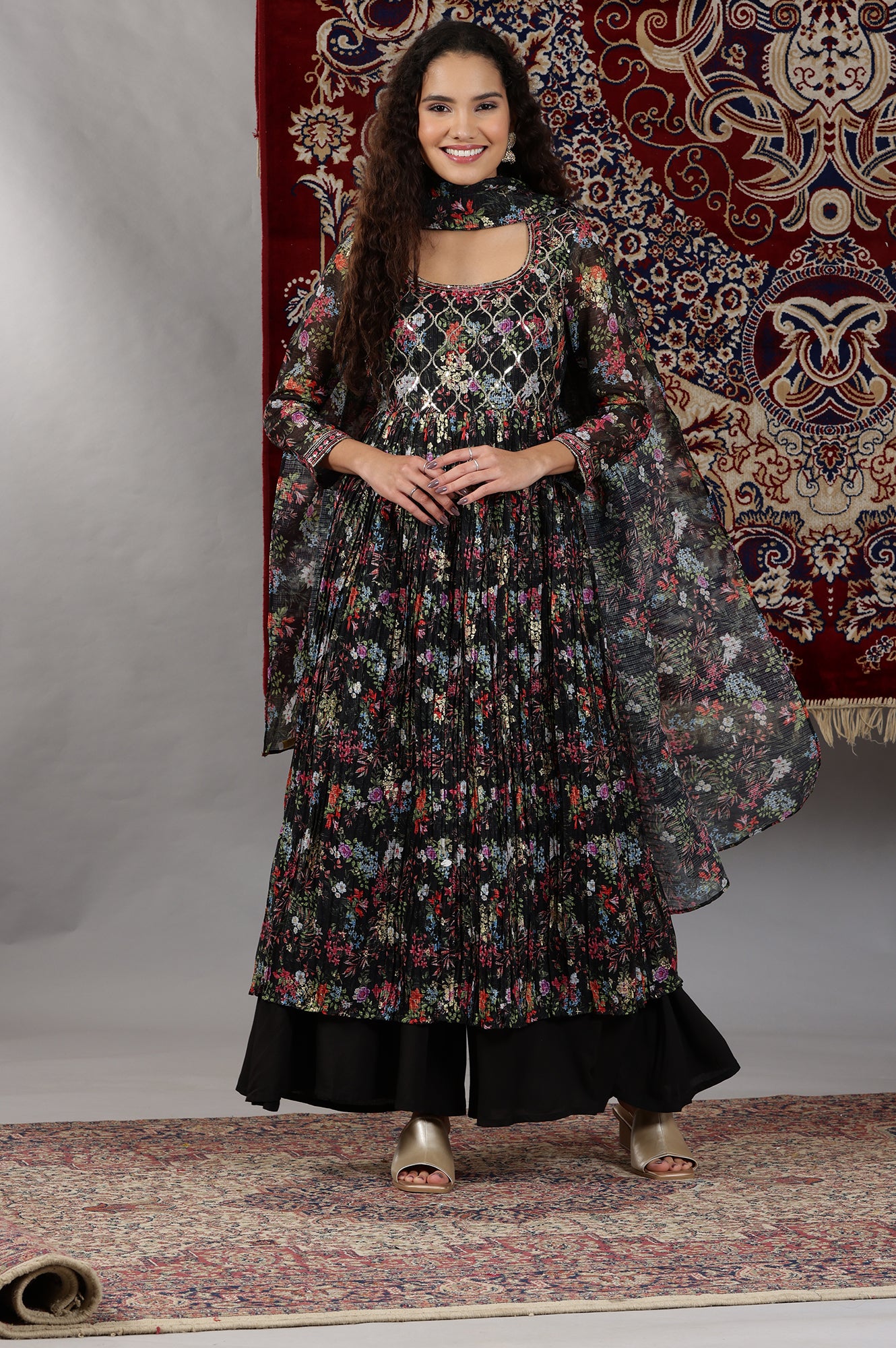 Black Floral Printed High-Slit Flared Kurta, Palazzos and Dupatta Set