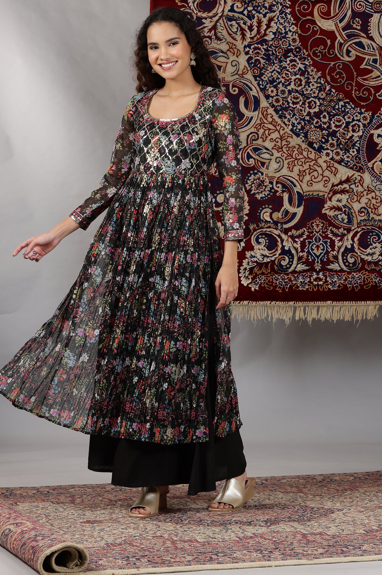 Black Floral Printed High-Slit Flared Kurta, Palazzos and Dupatta Set