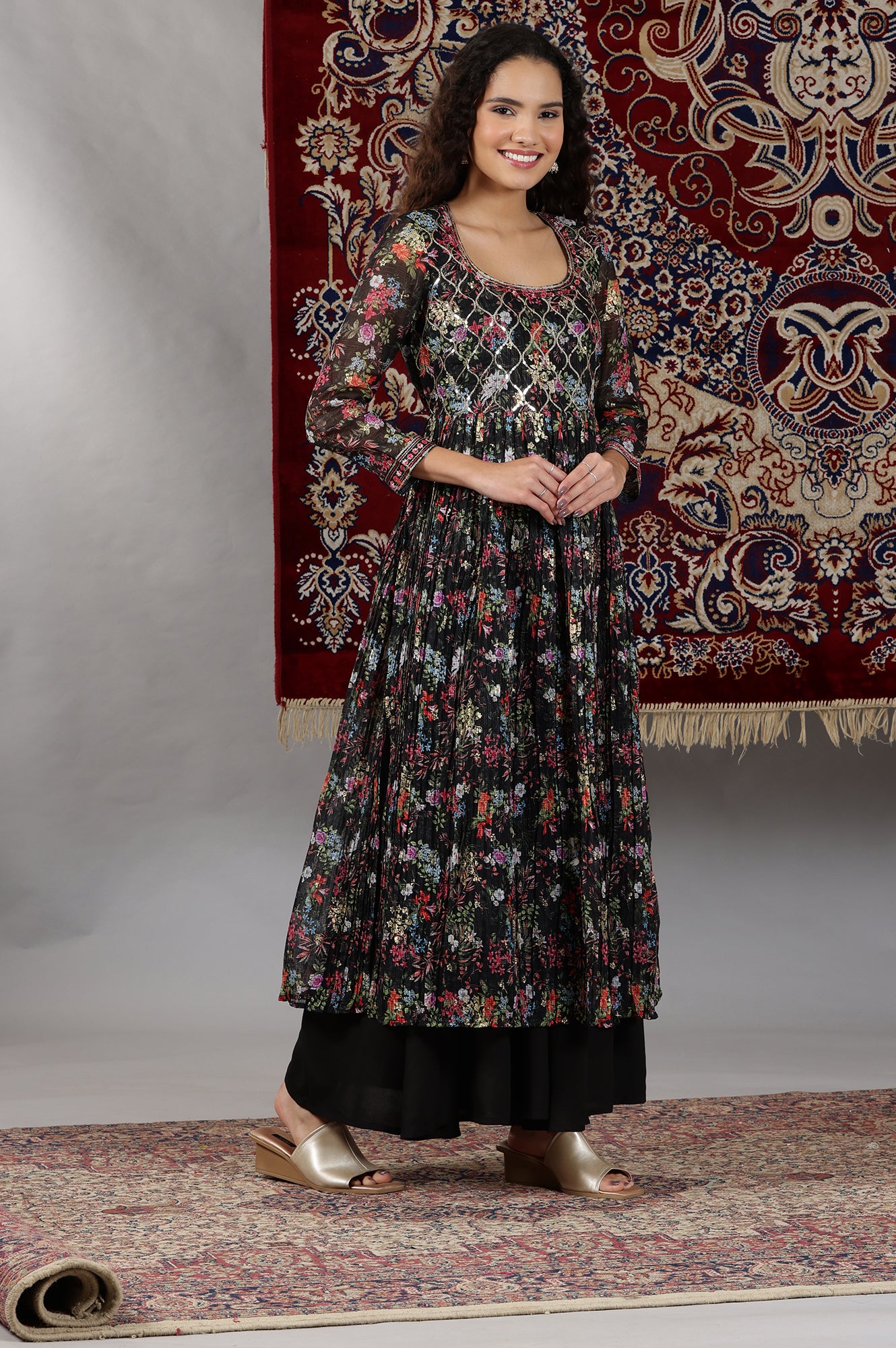 Black Floral Printed High-Slit Flared Kurta, Palazzos and Dupatta Set