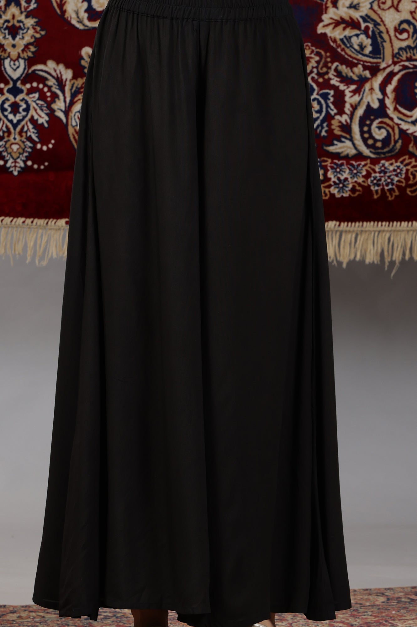 Black Floral Printed High-Slit Flared Kurta, Palazzos and Dupatta Set