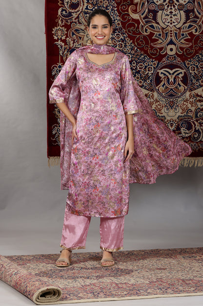 Pink Floral Printed Embroidered Neck Straight Kurta &amp; Palazzos Set with Dupatta