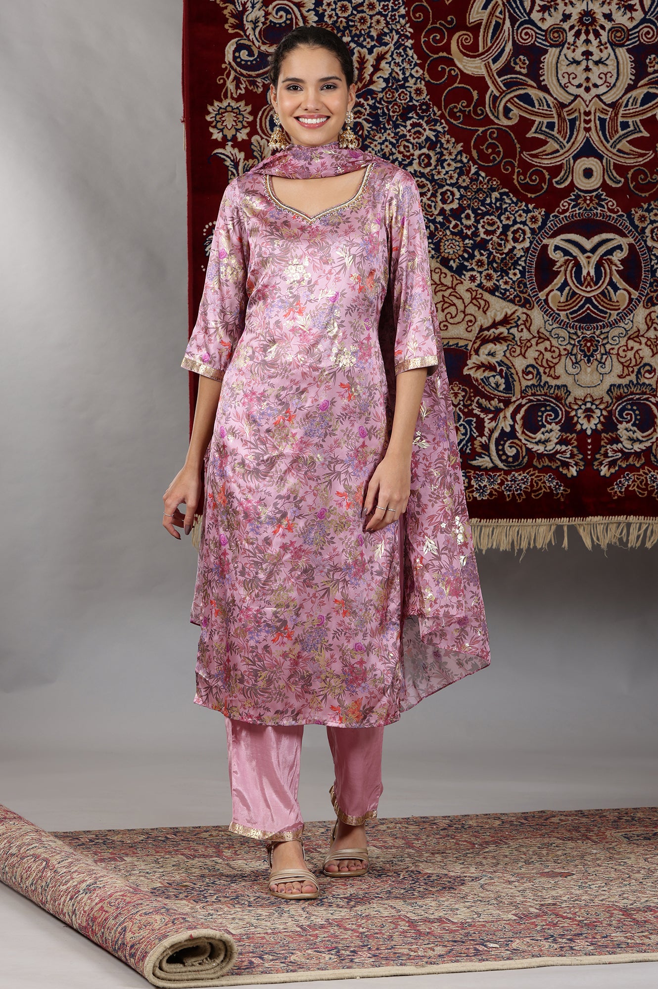 Pink Floral Printed Embroidered Neck Straight Kurta &amp; Palazzos Set with Dupatta