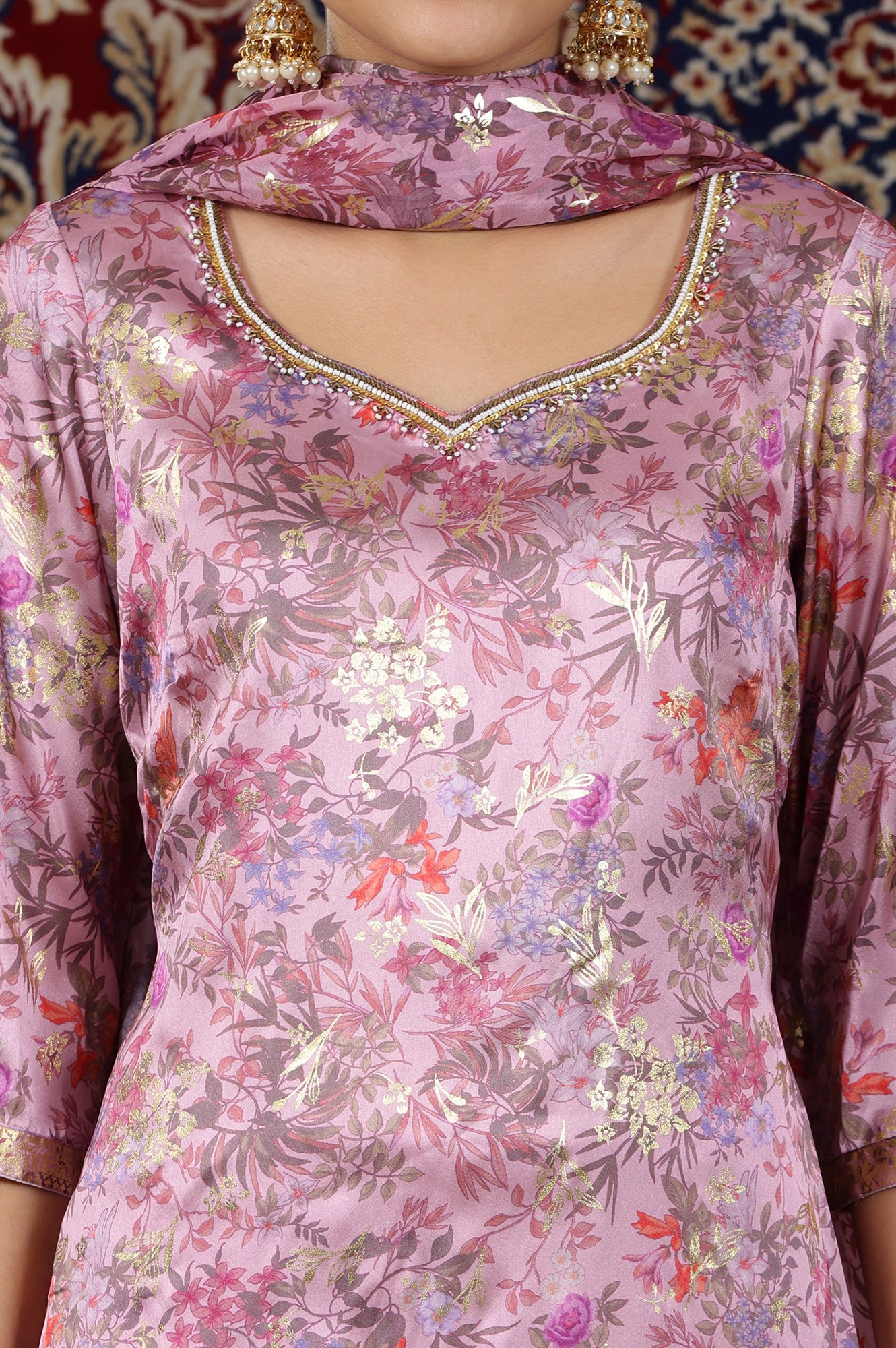 Pink Floral Printed Embroidered Neck Straight Kurta &amp; Palazzos Set with Dupatta