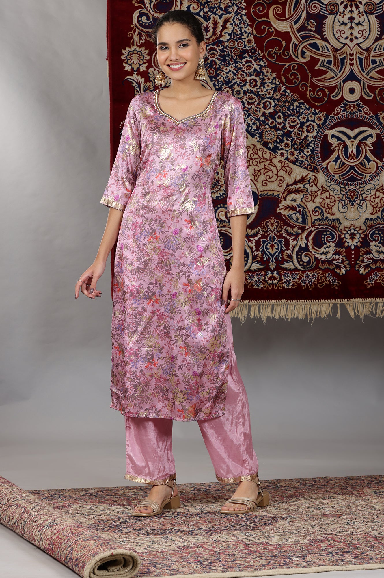 Pink Floral Printed Embroidered Neck Straight Kurta &amp; Palazzos Set with Dupatta