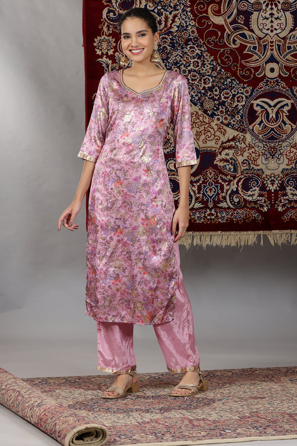 Pink Floral Printed Embroidered Neck Straight Kurta & Palazzos Set with Dupatta