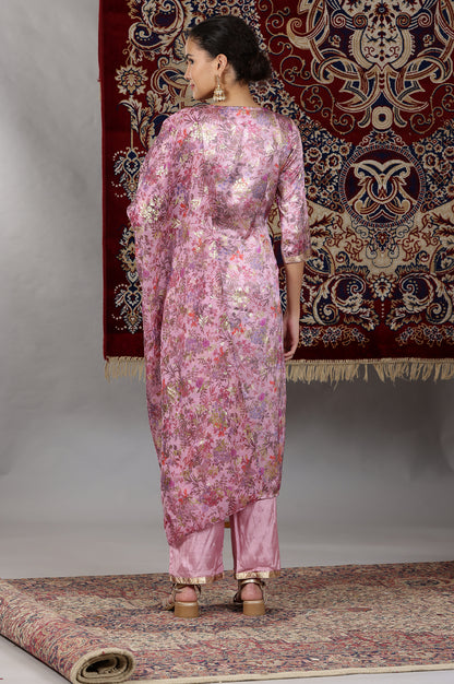 Pink Floral Printed Embroidered Neck Straight Kurta &amp; Palazzos Set with Dupatta