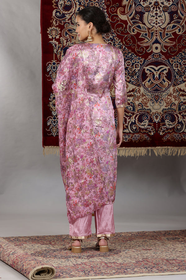 Pink Floral Printed Embroidered Neck Straight Kurta & Palazzos Set with Dupatta