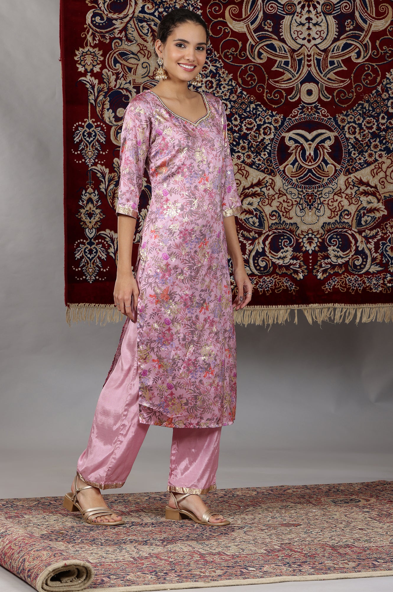 Pink Floral Printed Embroidered Neck Straight Kurta &amp; Palazzos Set with Dupatta