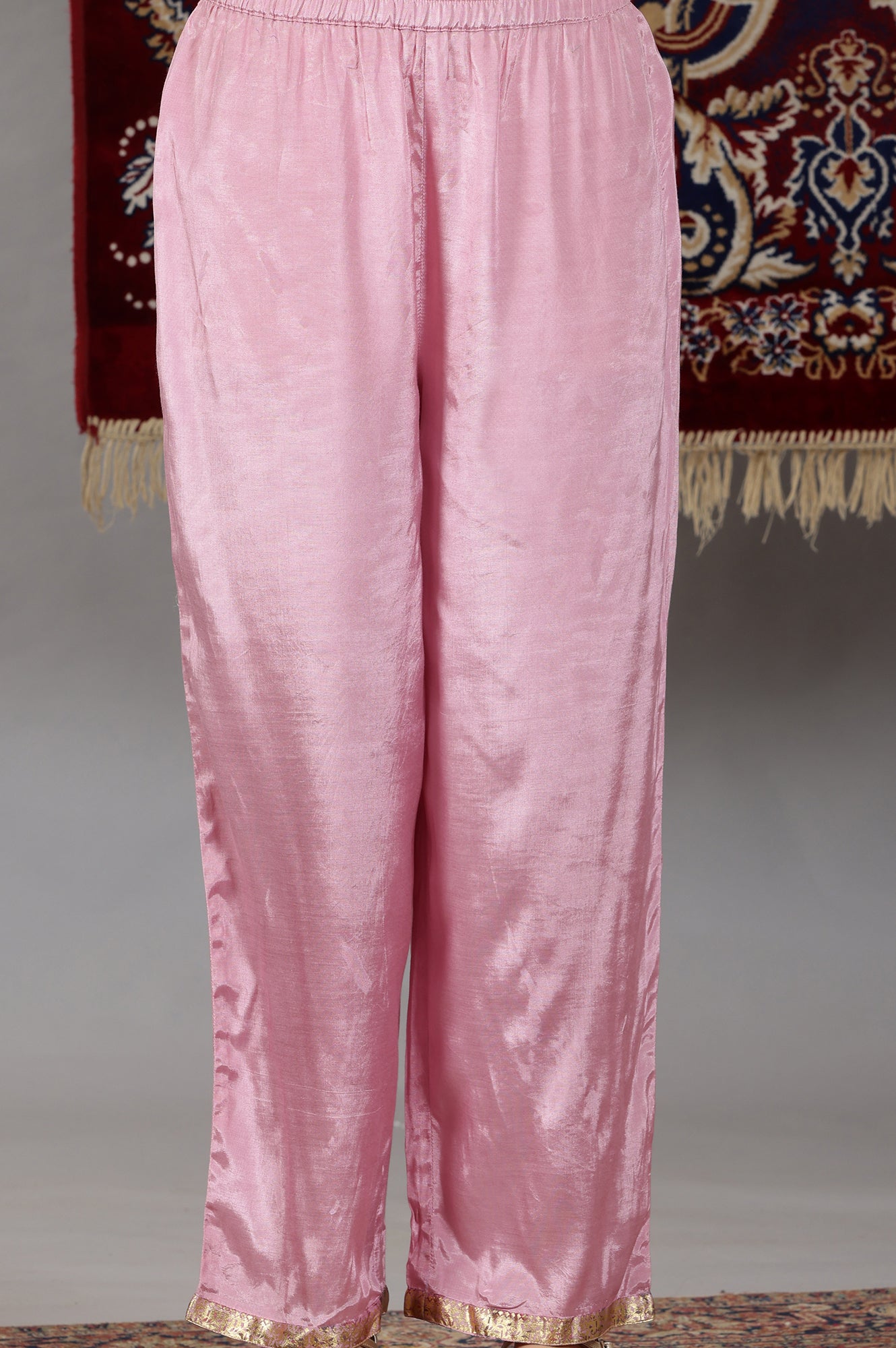 Pink Floral Printed Embroidered Neck Straight Kurta &amp; Palazzos Set with Dupatta