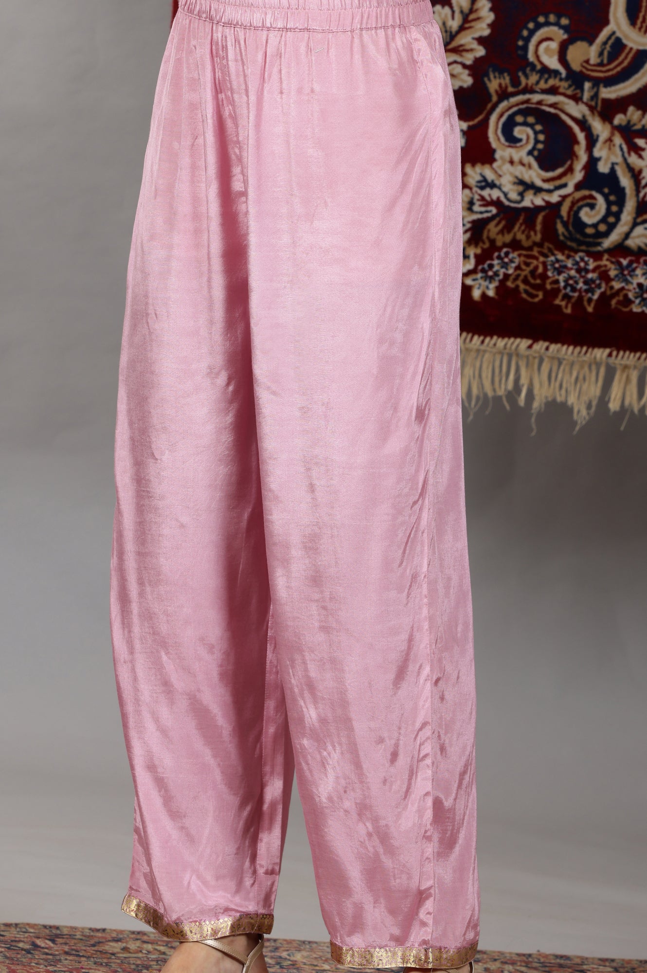 Pink Floral Printed Embroidered Neck Straight Kurta &amp; Palazzos Set with Dupatta