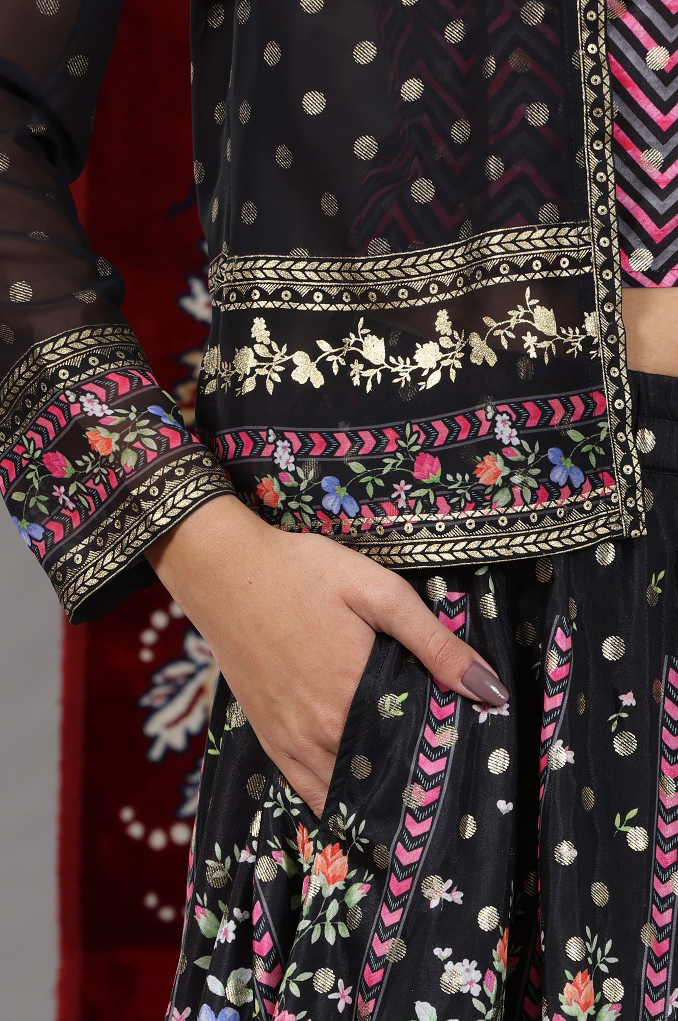 Pink Geometric Printed Sleeveless Top, Black Sheer Jacket and Flared Skirt Set