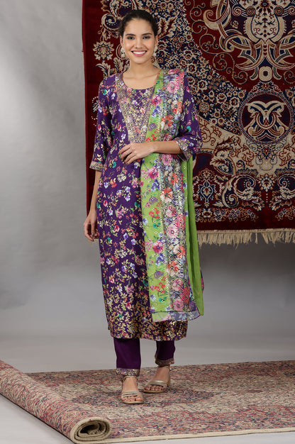 Purple Floral Printed Straight Kurta and Palazzos Set with Dupatta