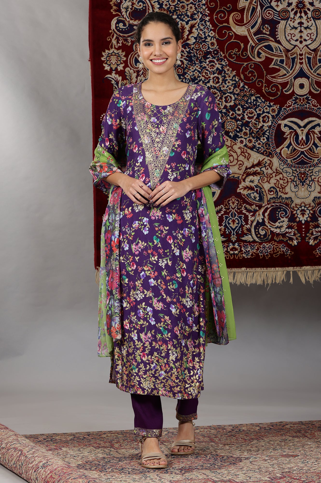 Purple Floral Printed Straight Kurta and Palazzos Set with Dupatta