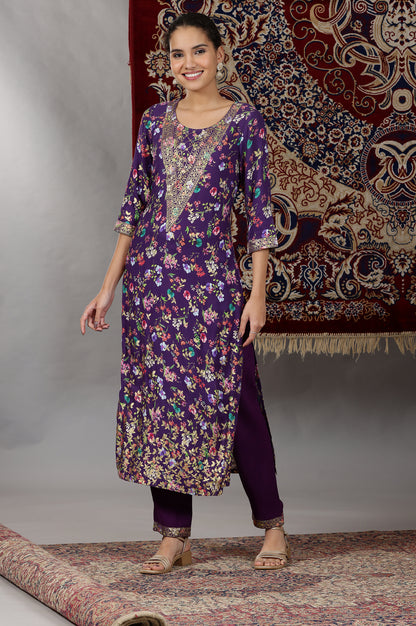 Purple Floral Printed Straight Kurta and Palazzos Set with Dupatta