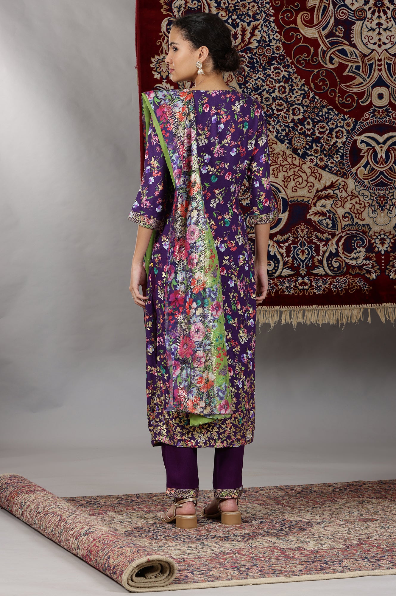 Purple Floral Printed Straight Kurta and Palazzos Set with Dupatta