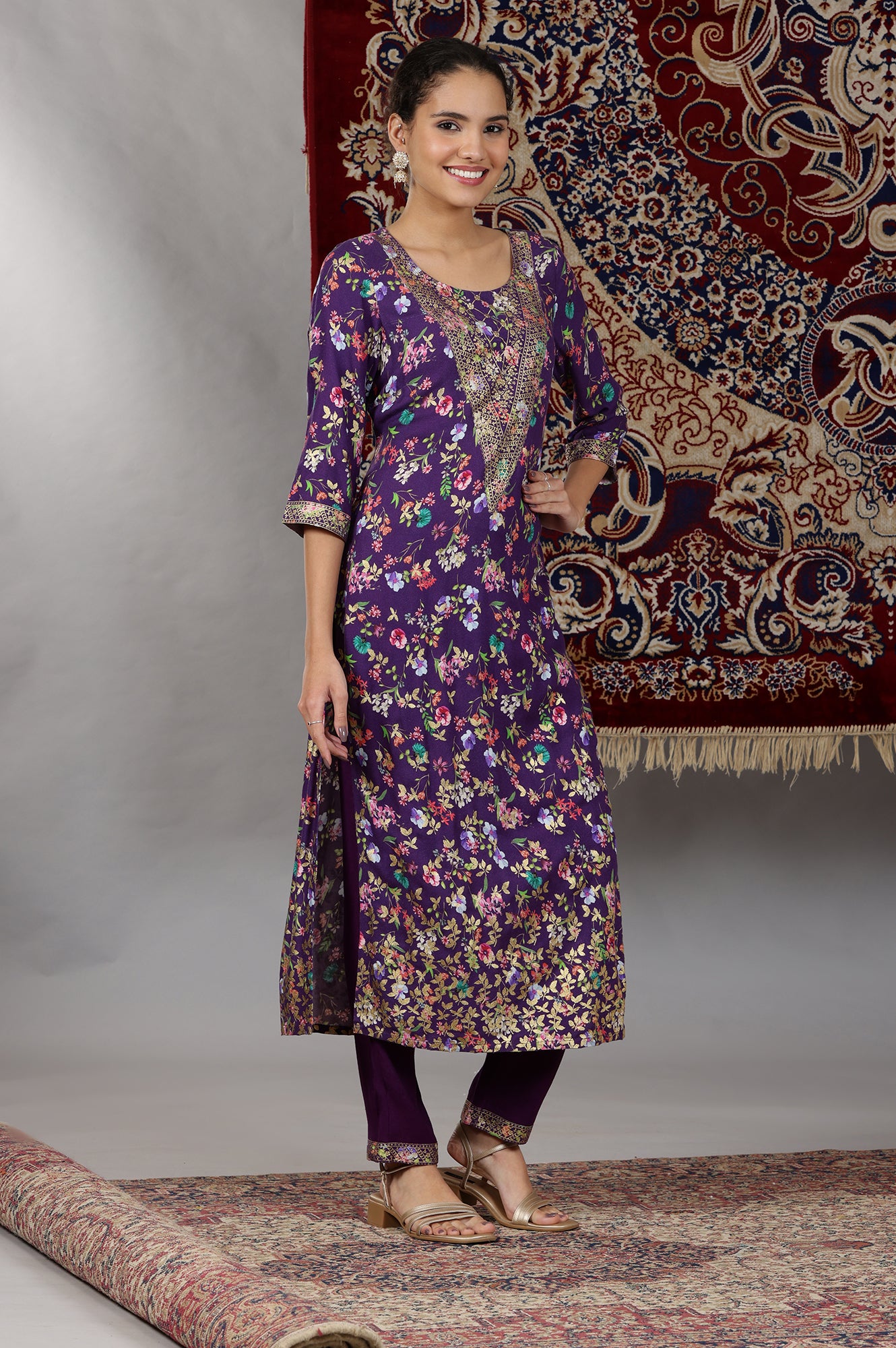 Purple Floral Printed Straight Kurta and Palazzos Set with Dupatta