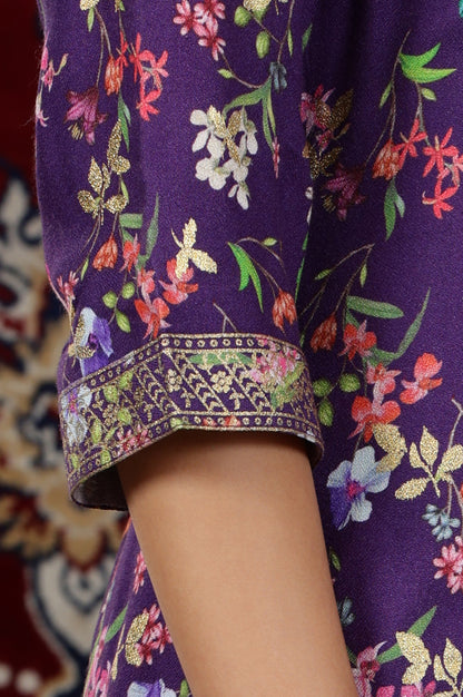 Purple Floral Printed Straight Kurta and Palazzos Set with Dupatta