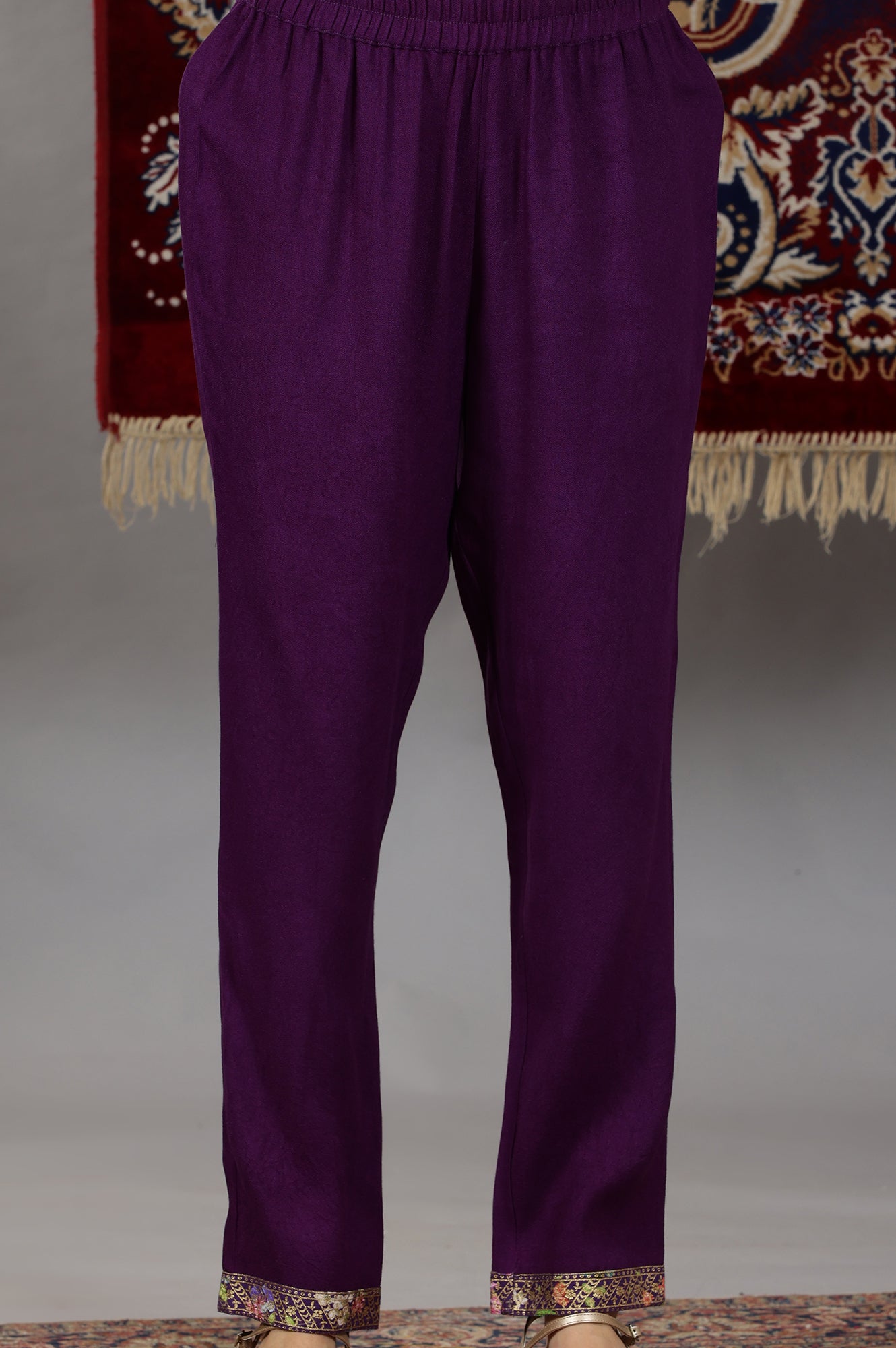 Purple Floral Printed Straight Kurta and Palazzos Set with Dupatta