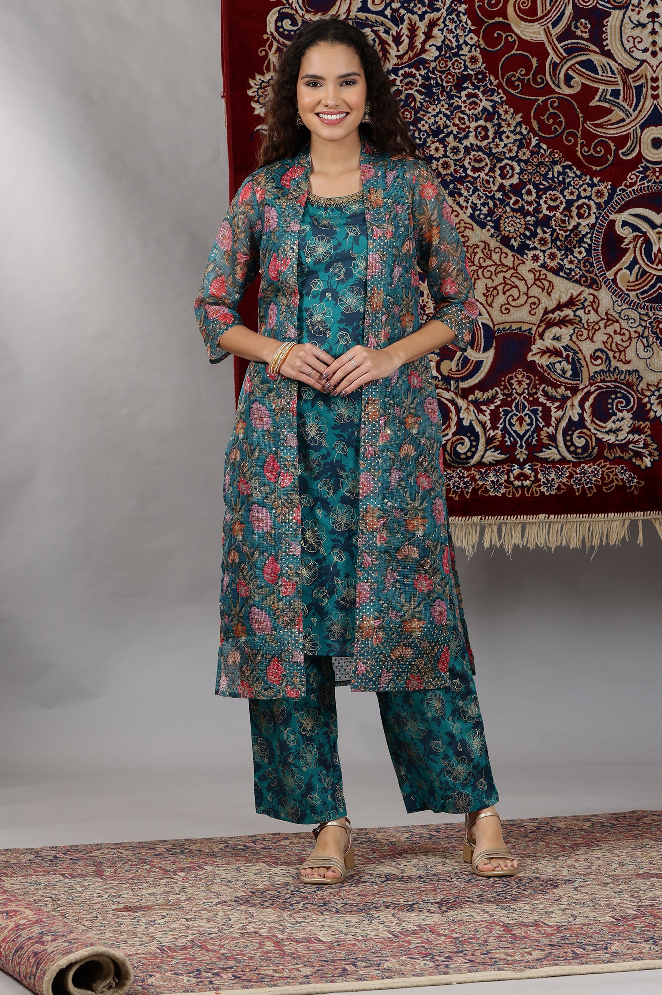 Teal Floral Printed Pure Cotton Sleeveless Kurta, Sheer Gilet and Pants Set