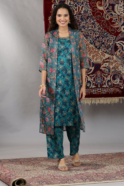 Teal Floral Printed Pure Cotton Sleeveless Kurta, Sheer Gilet and Pants Set