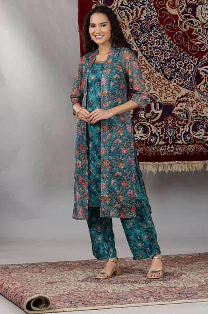 Teal Floral Printed Pure Cotton Sleeveless Kurta, Sheer Gilet and Pants Set