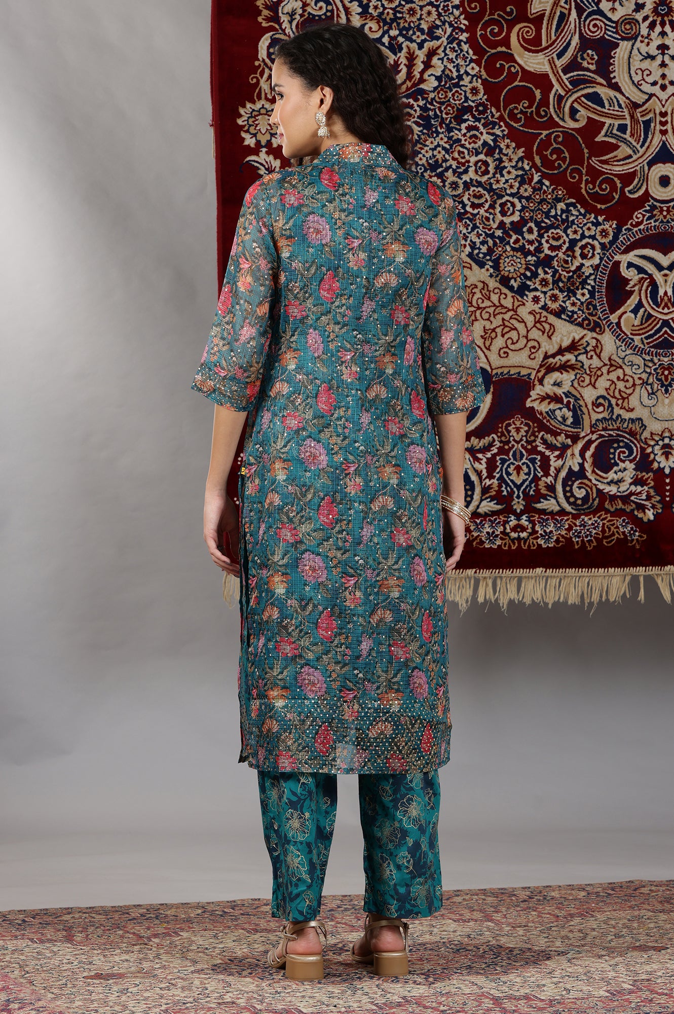 Teal Floral Printed Pure Cotton Sleeveless Kurta, Sheer Gilet and Pants Set