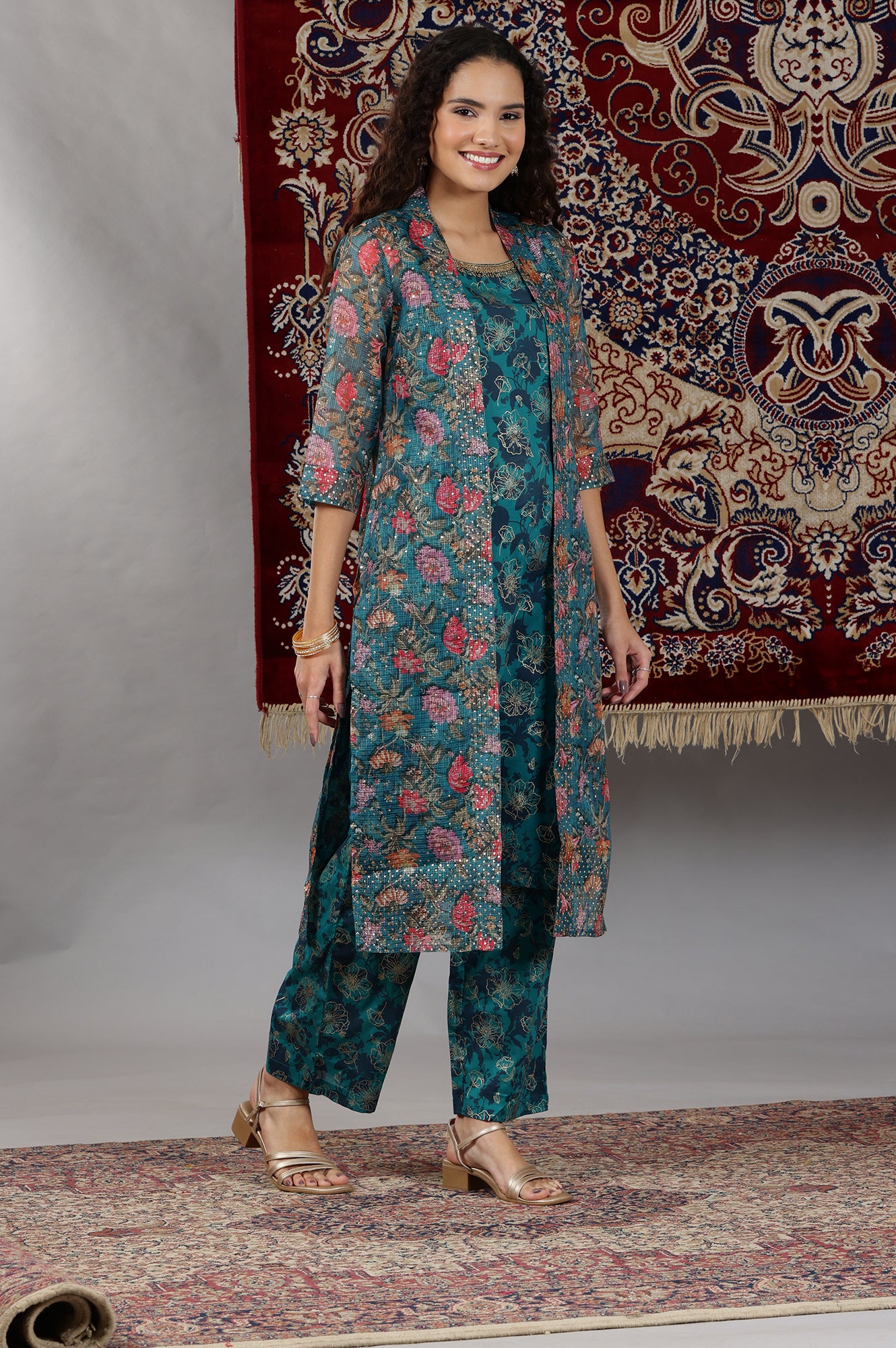 Teal Floral Printed Pure Cotton Sleeveless Kurta, Sheer Gilet and Pants Set