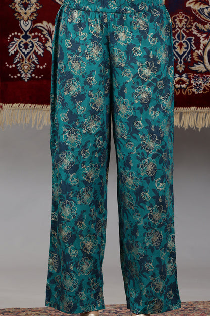 Teal Floral Printed Pure Cotton Sleeveless Kurta, Sheer Gilet and Pants Set