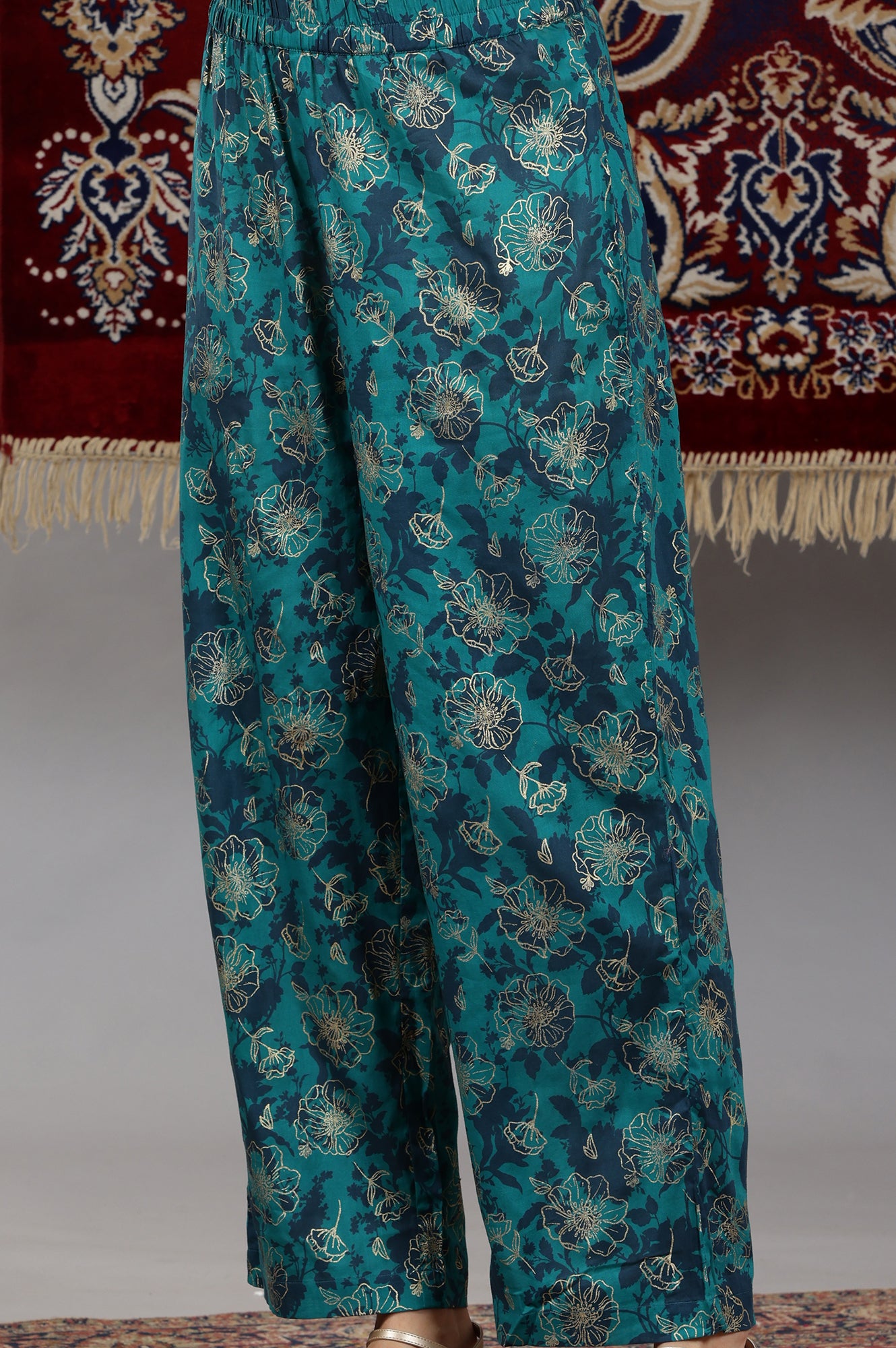 Teal Floral Printed Pure Cotton Sleeveless Kurta, Sheer Gilet and Pants Set