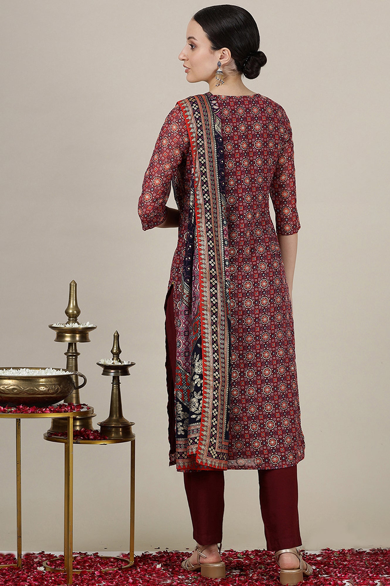 Malaga Pink Abstract Foil Printed Straight Kurta, Trousers and Dupatta Set