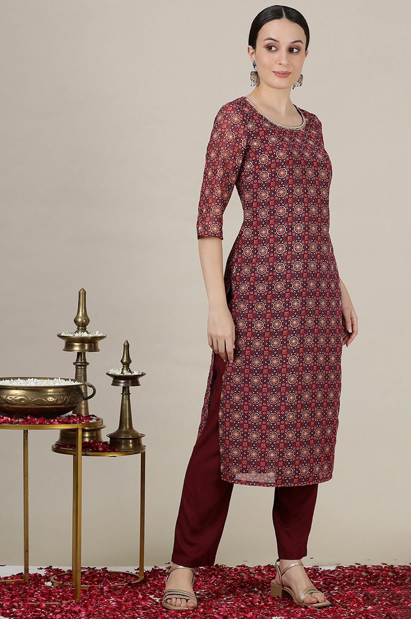 Malaga Pink Abstract Foil Printed Straight Kurta, Trousers and Dupatta Set